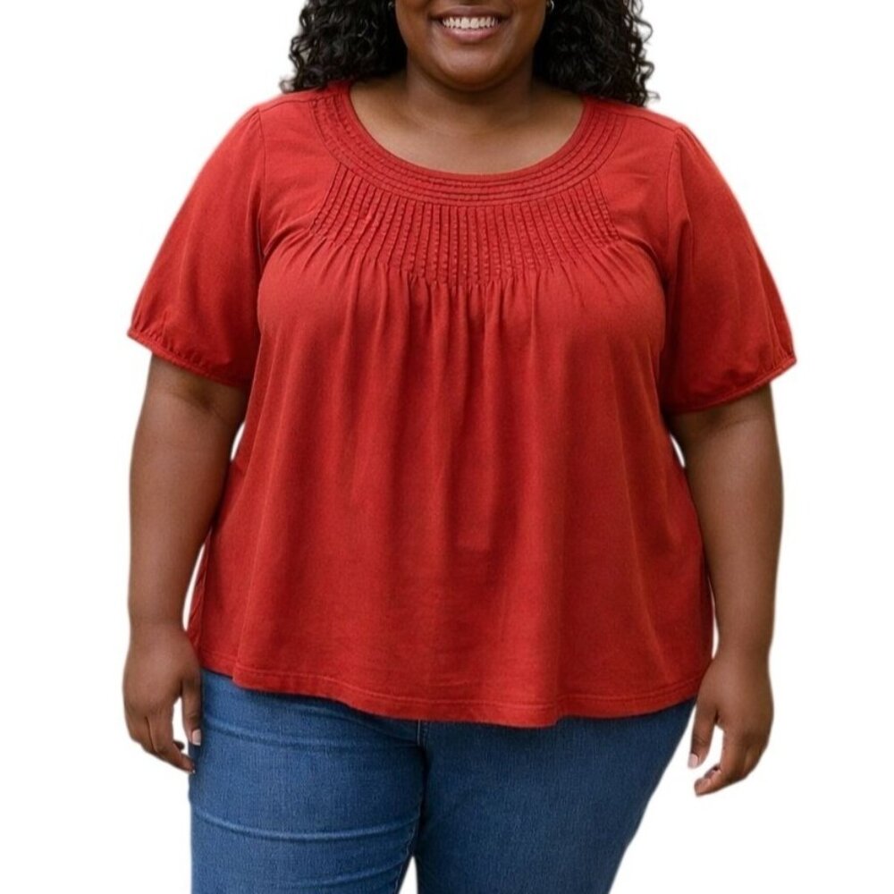 Venezia Plus Size 22/24 Top Red Pintuck Short Sleeve Scoop Neck Blouse